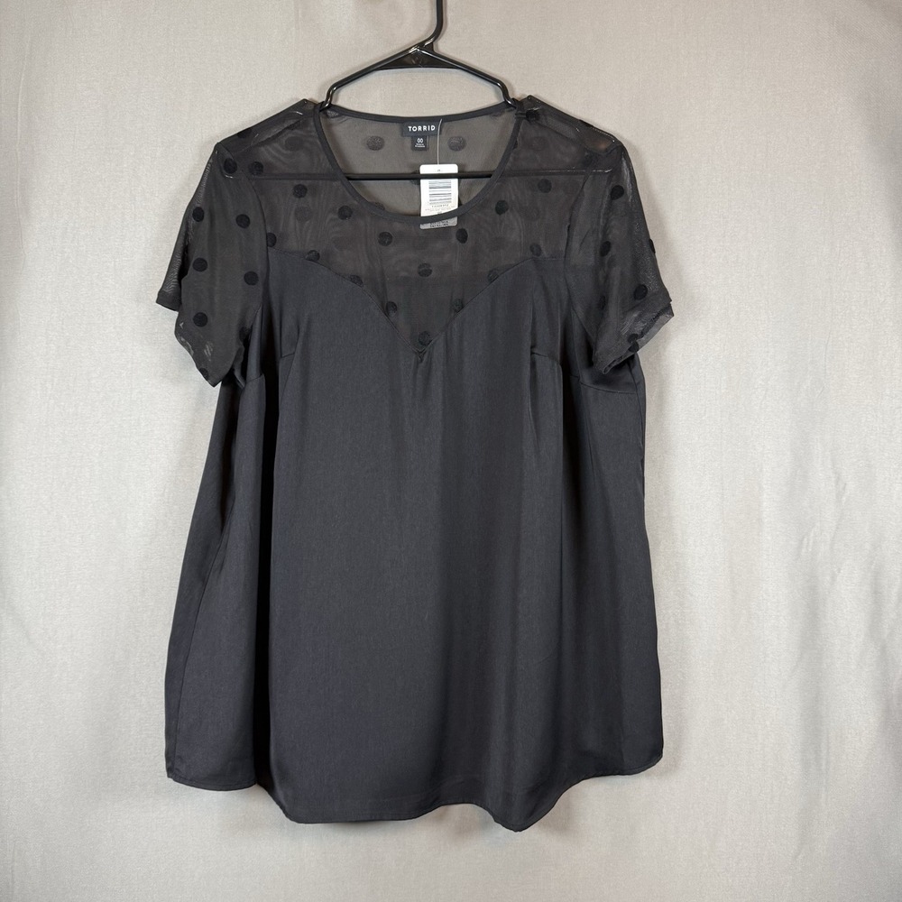 Torrid Women's Short Sleeve Dotted Mesh Charmeuse Swing Top Black 00 / 10 / M-L